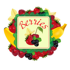 Berries and fruit. Label. Vector