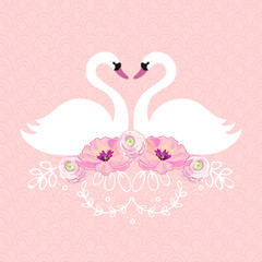 White swans and peonies. Gentle seamless pattern. Background, Design Element. Vector.