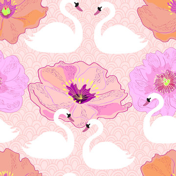 White swans and peonies. Gentle seamless pattern. Background, Design Element. Vector.