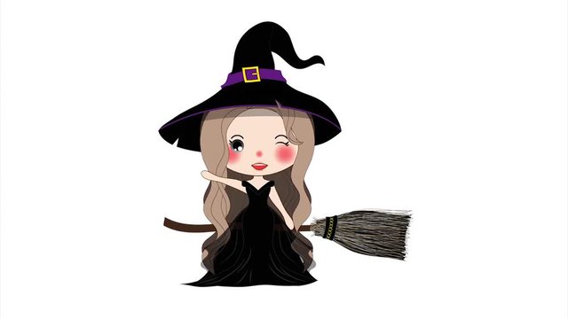Halloween Witch Flying with Broom and Hat. Beautiful Young Woman on Boomstick on a White Screen, Animated woman.
