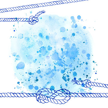 Watercolor abstract background in marine style. Drawing the line on the spot of blue paint. Ropes, knots, spray paint, 
