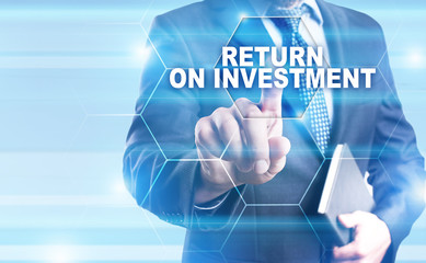 Businessman is pressing on the virtual screen and selecting "Return on investment".