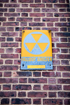 Fallout Shelter sign indicating a bunker protecting from a nuclear bomb, dating from the cold war