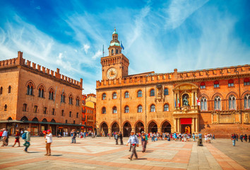 Italy Piazza Maggiore in Bologna old town - obrazy, fototapety, plakaty