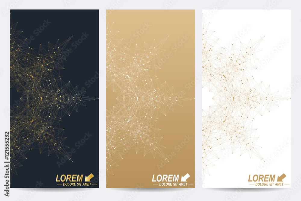 Poster modern set of vector flyers. geometric abstract presentation with golden mandala. molecule and commu