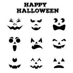 Collection of Halloween pumpkins carved faces silhouettes. Black and white images. Vector illustration