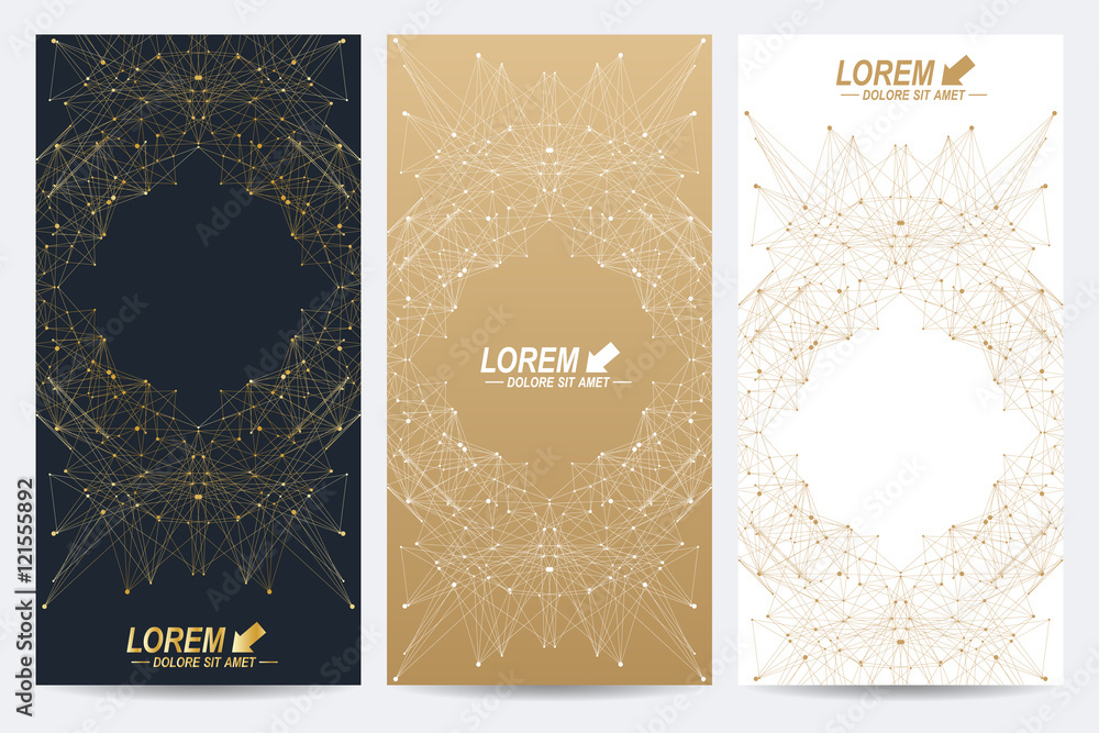 Poster modern set of vector flyers. geometric abstract presentation with golden mandala. molecule and commu