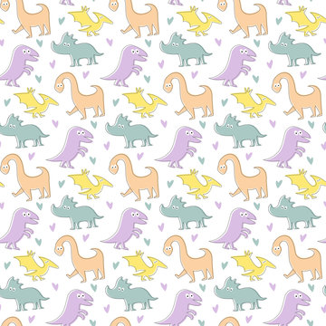 Seamless pattern with cartoon dinosaurs.