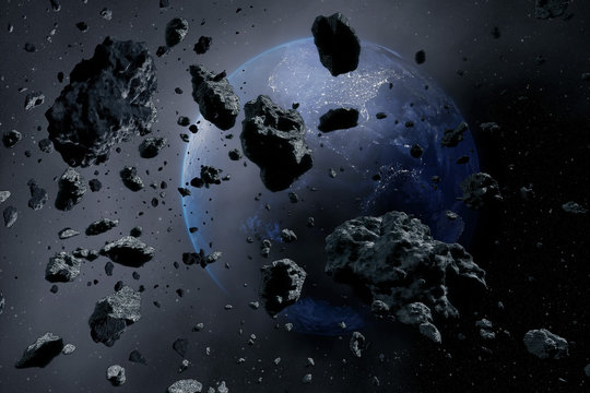 asteroids with earth at night