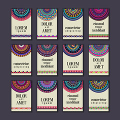 Vintage banners cards set. Ornamental mandala, ethnic circle decorative elements