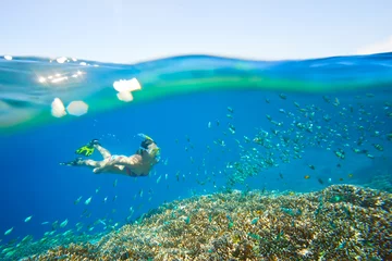 Fotobehang jonge vrouw bij het snorkelen in het tropische turquoise water © soft_light