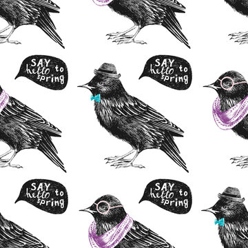 seamless pattern with dressed up starling