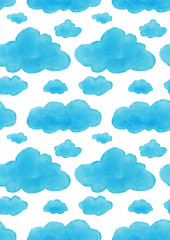 Seamless watercolor pattern with blue clouds hand painted illustration