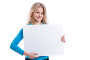 beautiful blond girl showing empty white board