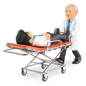 3D Doctor pushing a stretcher with a patient