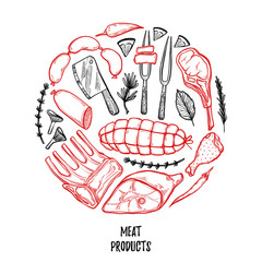 Hand drawn vector illustration - Meat products 