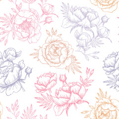 Hand drawn vector seamless pattern with peonies (flowers, leaves