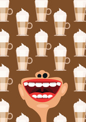 Mocha coffee and open mouth as a caffeine addiction vector