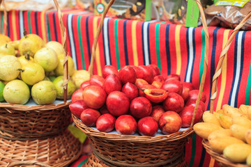 Fresh exotic fruits on famous market in Funchal (Mercado dos Lavradores), Madeira island, Portugal
