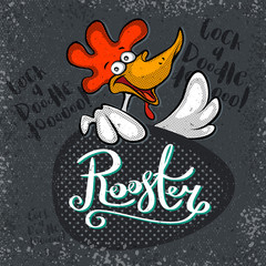 cartoon rooster and inscription on a dark background with scratches. Elements for design, New Year poster, print T-shirt. Vector illustration