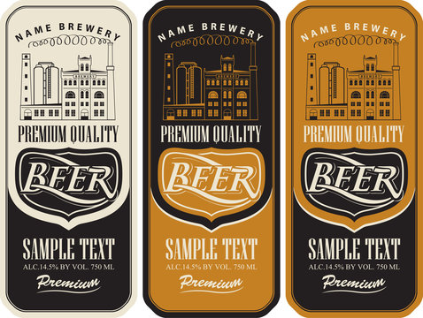 set of beer labels and the image of the brewery building