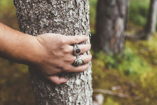 Hand with rings leaning on tree in a forest