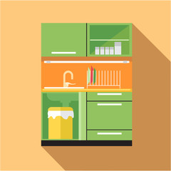 Digital vector picture green and orange kitchen set, flat style