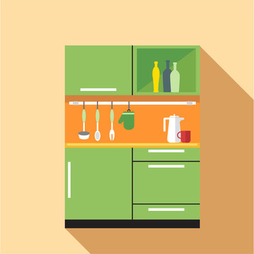 Digital vector picture green and orange kitchen set, flat style
