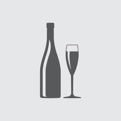 Champagne or wine bottle and glass silhouette. Vector icon or sign.