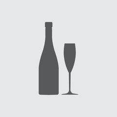 Champagne or wine bottle and glass silhouette. Vector icon or sign.