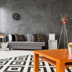 Grey living room with trendy home decorations