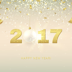 Fototapeta na wymiar Elegant Happy New Year background. Vector illustration with glass ball and sparks. Web banner with golden confetti and shining lights. Gift card.
