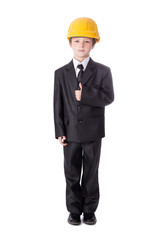 little boy in business suit and builder's helmet isolated on whi