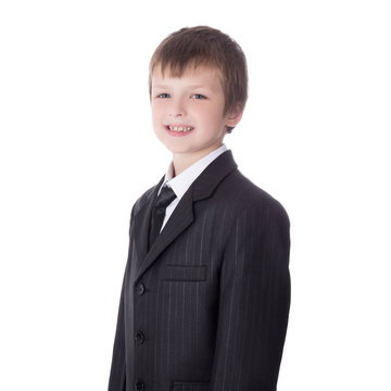 portrait of little boy in business suit isolated on white