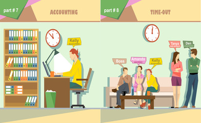 Digital vector company accounting and time out icon set, boss, secretary, web designer, accountant and programmer, flat style