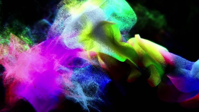 Particles of colorful fume in air, abstract 3D animation, looping