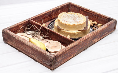 Wooden box with apple cake