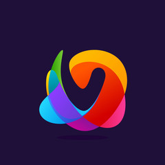 Letter V logo at colorful multicolor splash background.