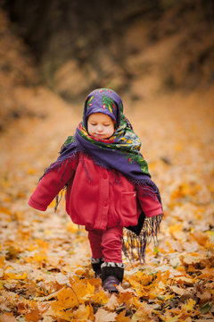 Toddler girl in Ukrainian or Russian folk shawl on cold autumn day playing alone outside. Cute baby walks cheerfully in beautiful scenic wood covered with orange fallen leaves. Portrait of child.