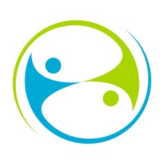 Two abstract people cooperation - team work or partnership simple flat icon logo in green and blue.