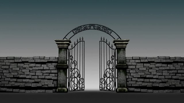 Gothic gates open on gloomy background, 3D animation