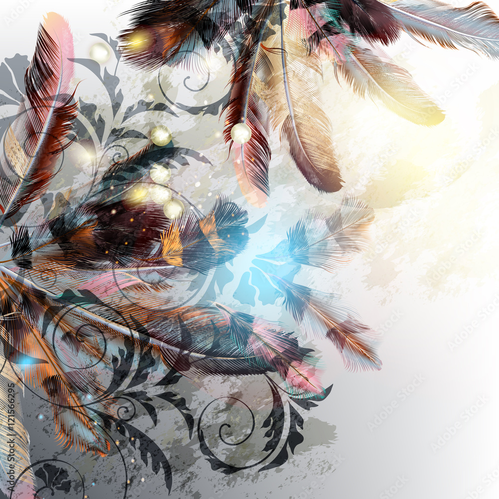 Poster Background with feathers in realistic style