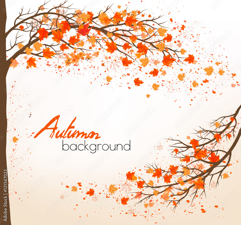 Poster Autumn background with a tree and colorful leaves. Vector.