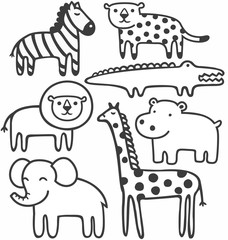 Wild animals in black and white vector illustration set
