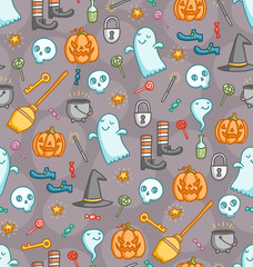 Halloween doodle seamless pattern with bunch of creepy sweet symbols in color