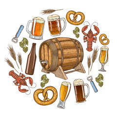 Set of colorful beer icons in circle shape background. Template for packaging, cards, posters and drinks menu. Vector stock illustration.