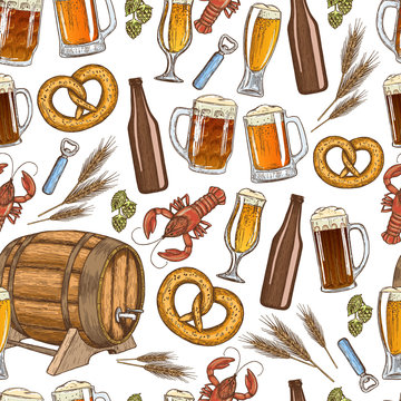 Seamless pattern of beer icons on a white background. Vector stock illustration.