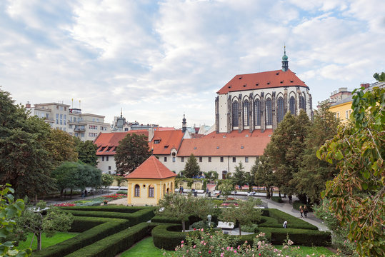Prague Franciscan garden square (Frantiskanska zahrada) and Church of Our Lady of Snows (kostel Panny Marie Snezne), Czech Republic