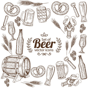 Background of sketch vintage beer icons with round frame. Template for packaging, cards, posters, menu. Vector stock illustration.