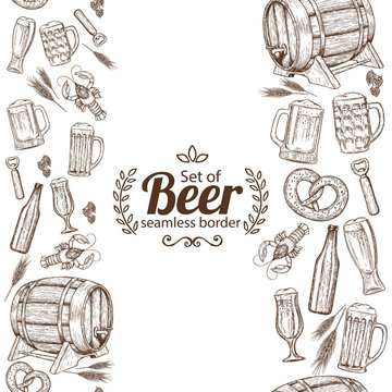 Vertical seamless borders of sketch vintage beer icons. Vector stock illustration.